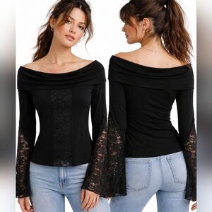 Vintage Lipsy Off-Shoulder Lace Sleeve Top Black Draped Neckline Semi Sheer Lace